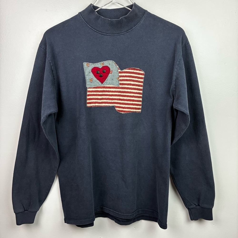 Cotton Deluxe Vintage Navy Mock Turtleneck Heart American Flag